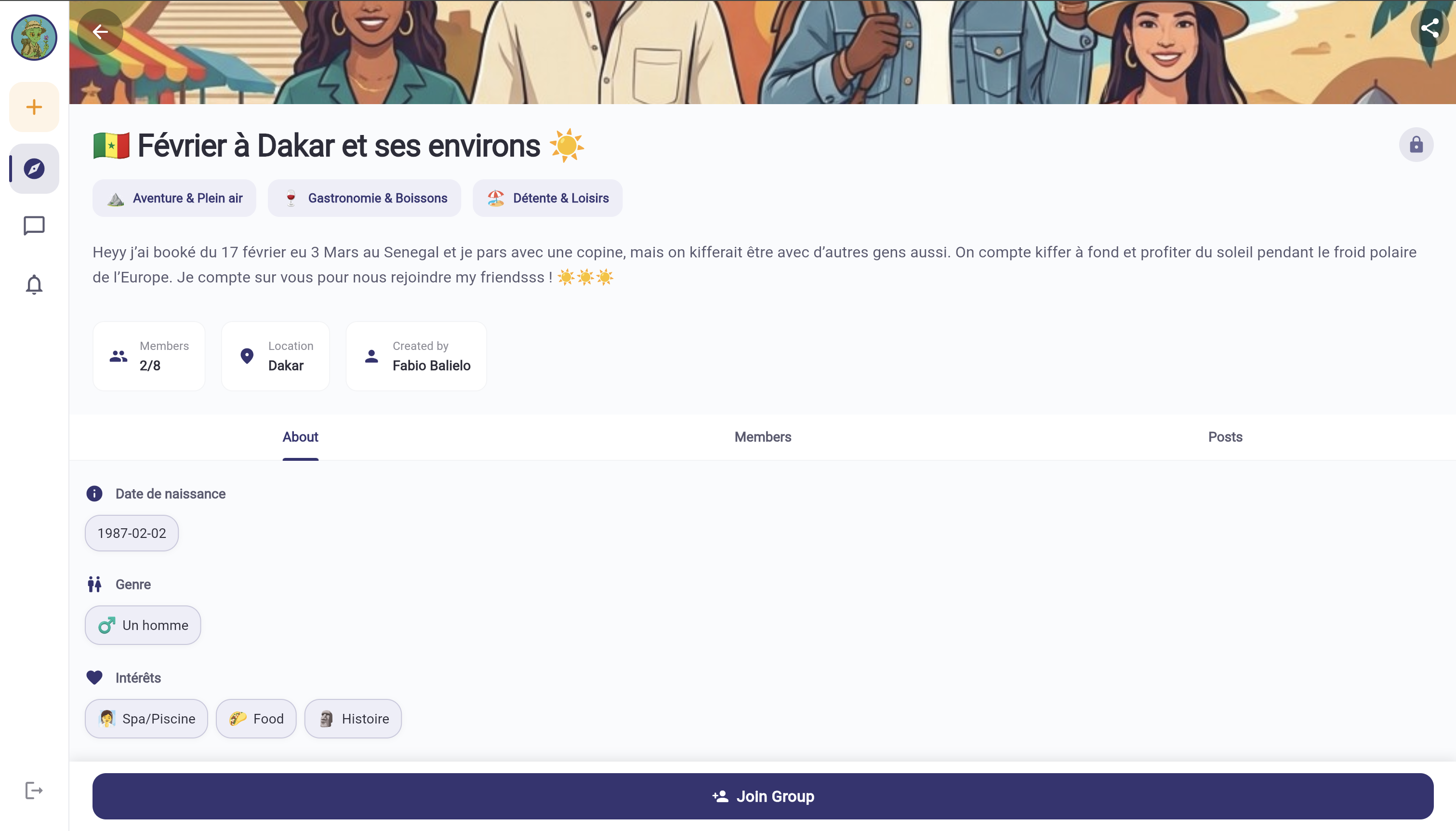 Social trip group detail, "Février à Dakar et ses environs"