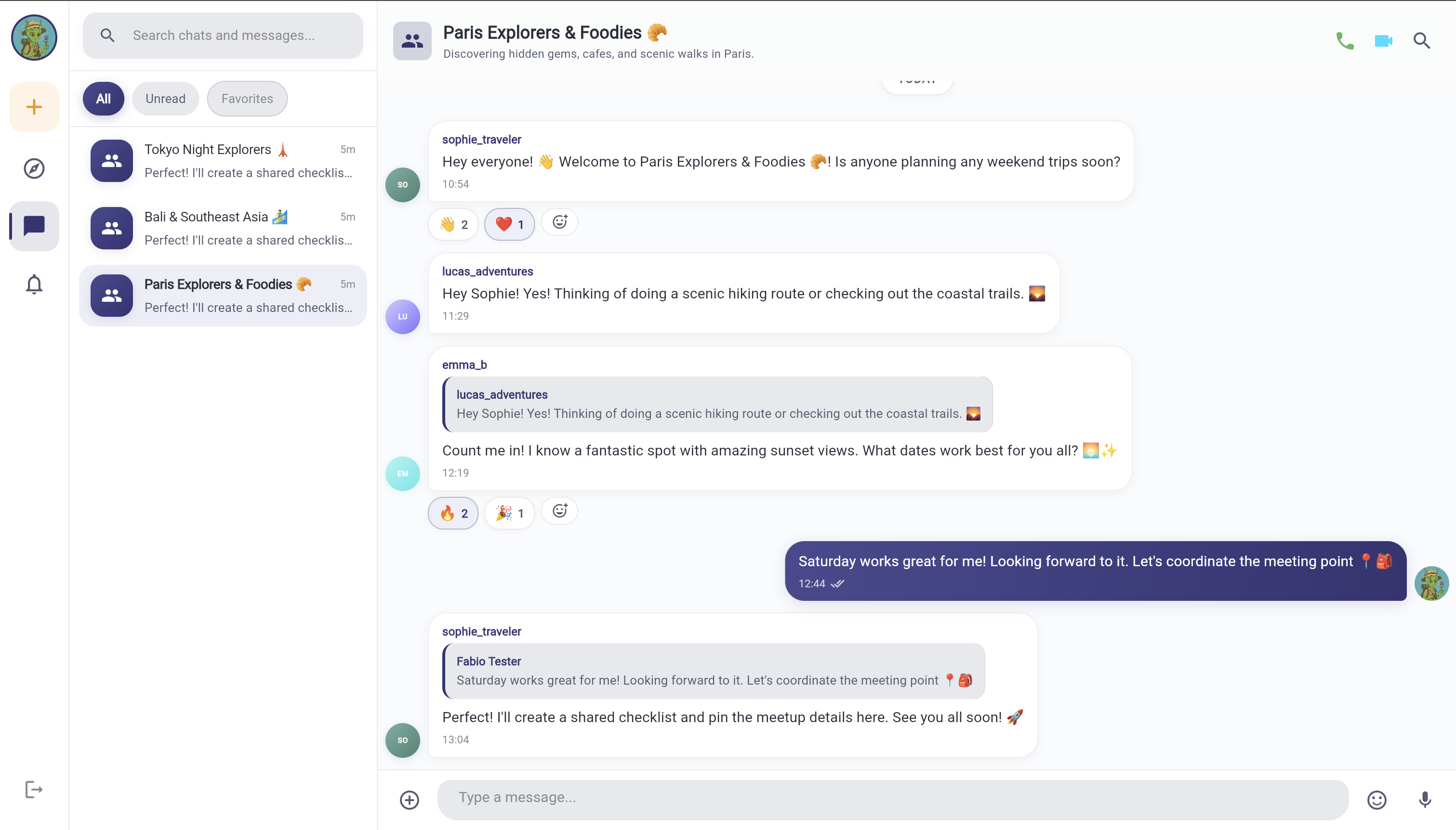 Group chat thread, "Paris Explorers & Foodies"