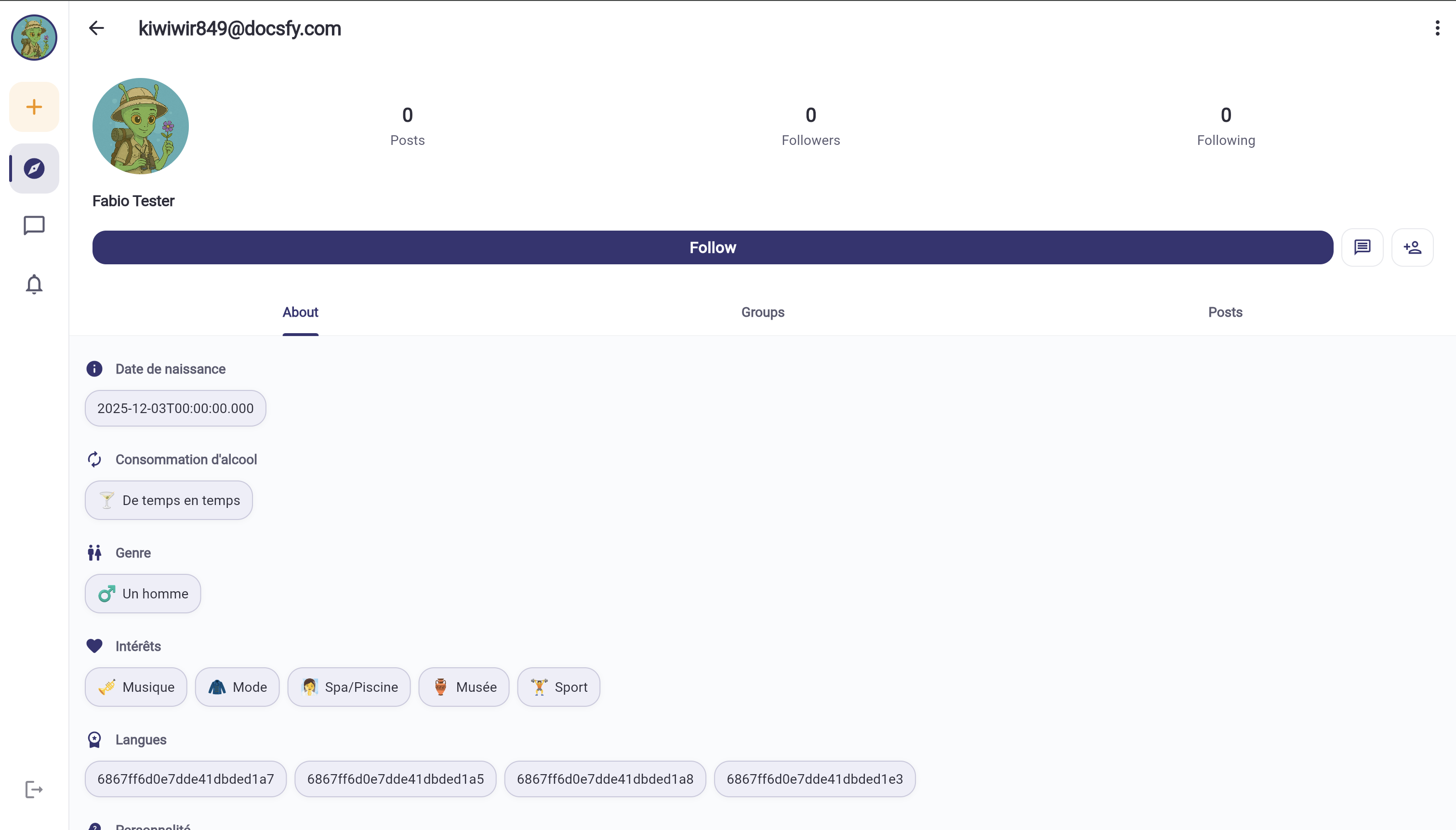 Social profile page with followers and group memberships