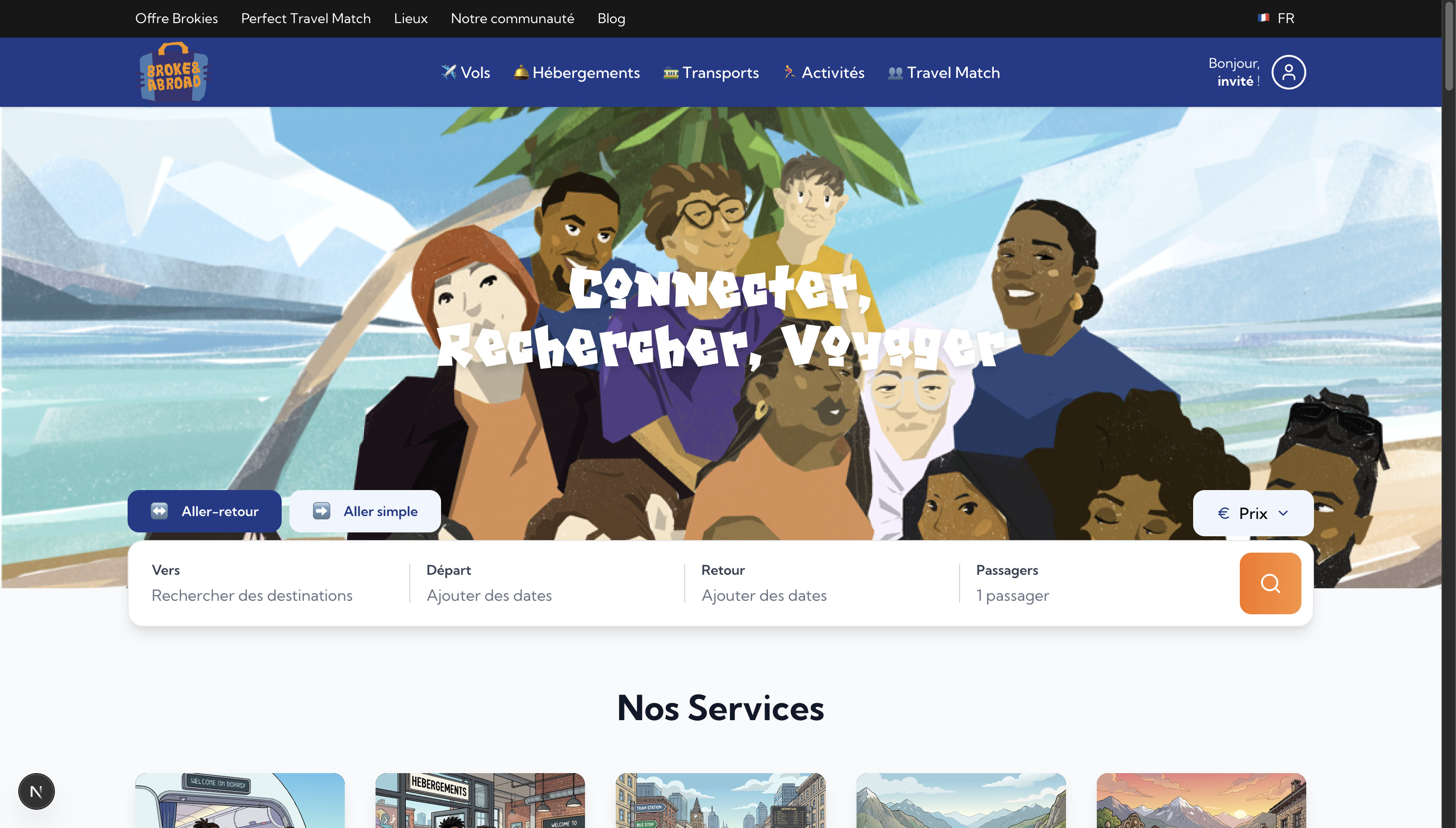 Broke & Abroad flagship travel platform homepage hero with trip search