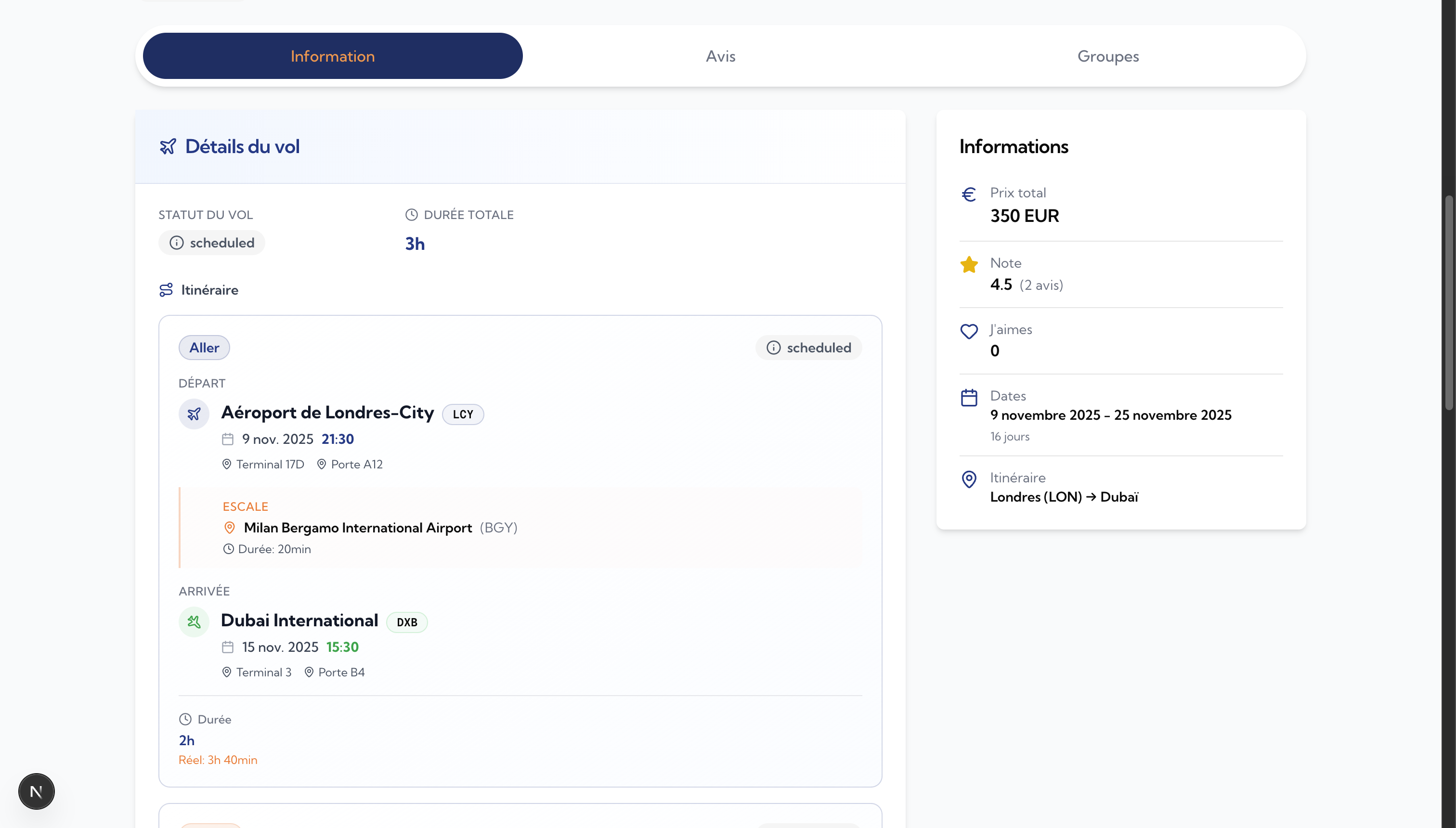Filtered route matrix and flight deals results