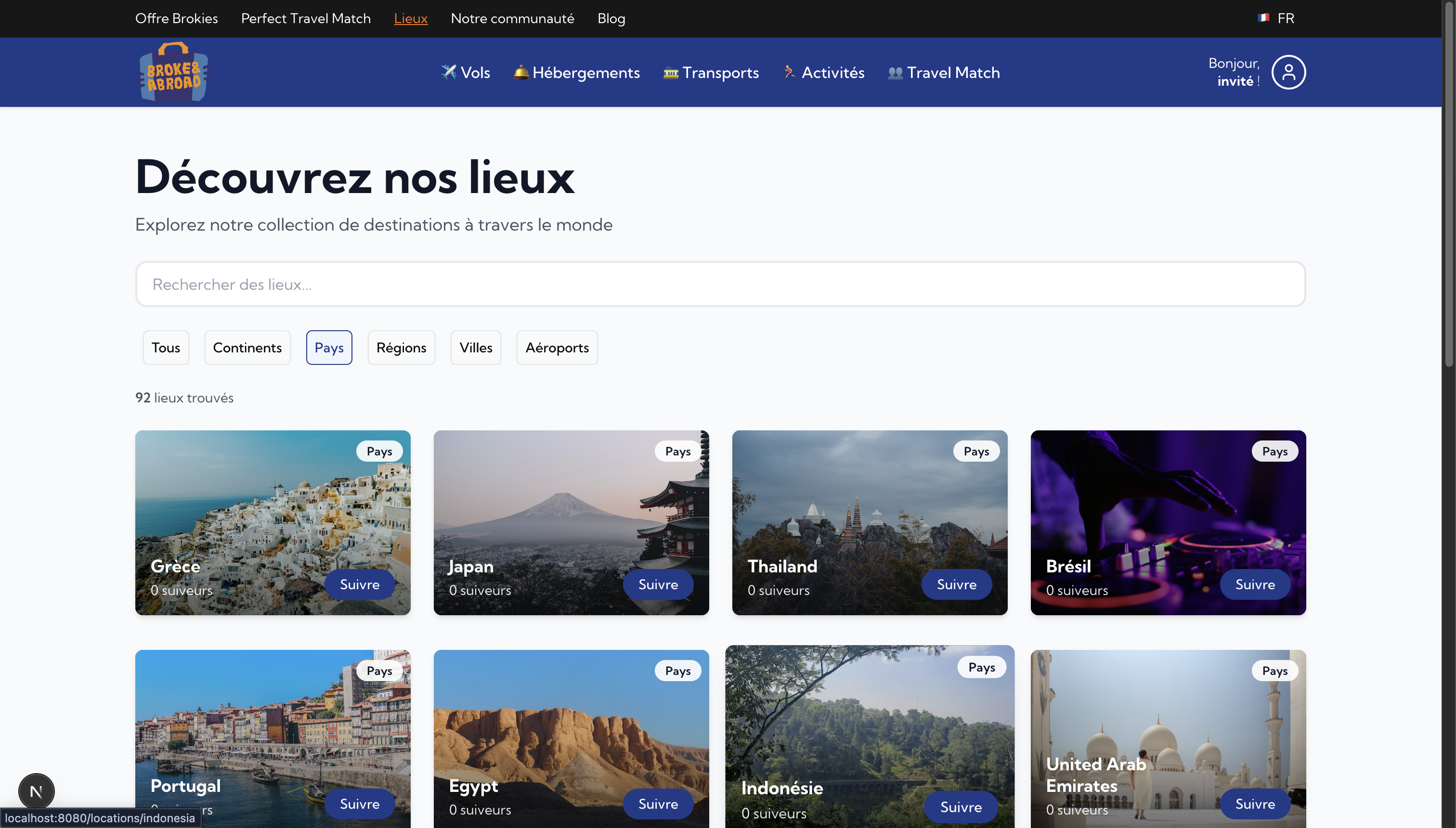 Perfect Travel Match listings, showing match percentage and pricing