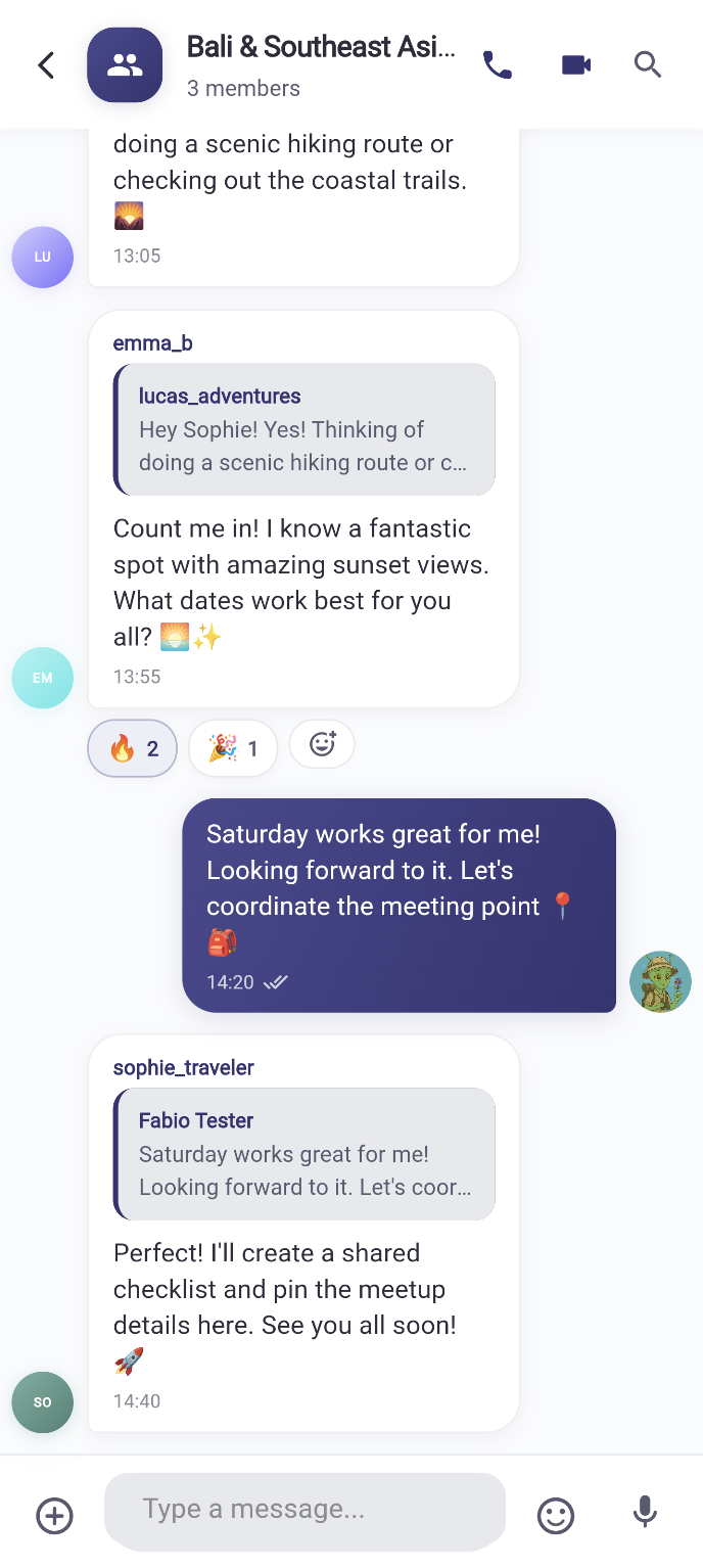 Mobile group chat thread, "Bali & Southeast Asia"