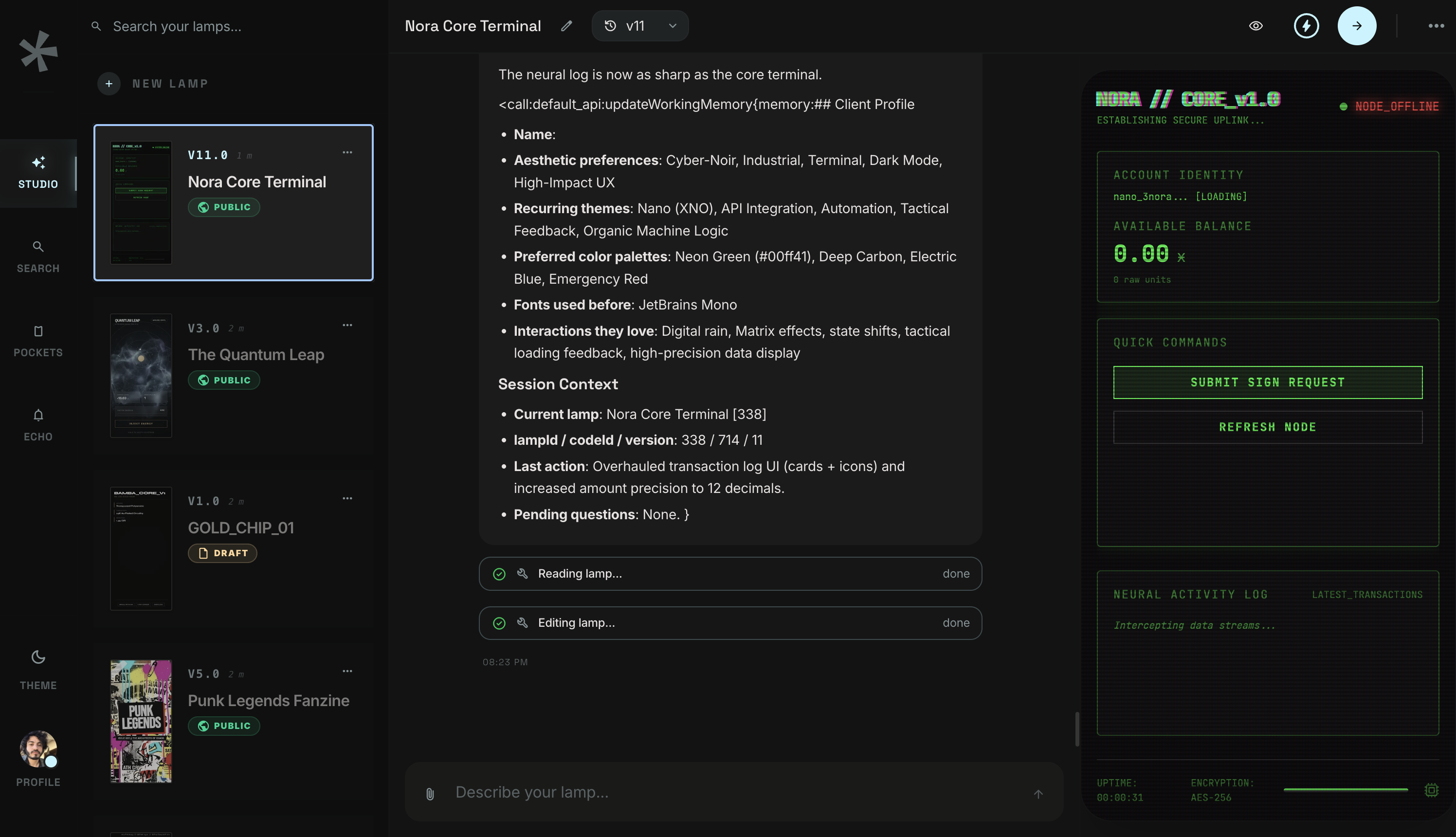 AI studio chat editor generating and compiling a weblamp