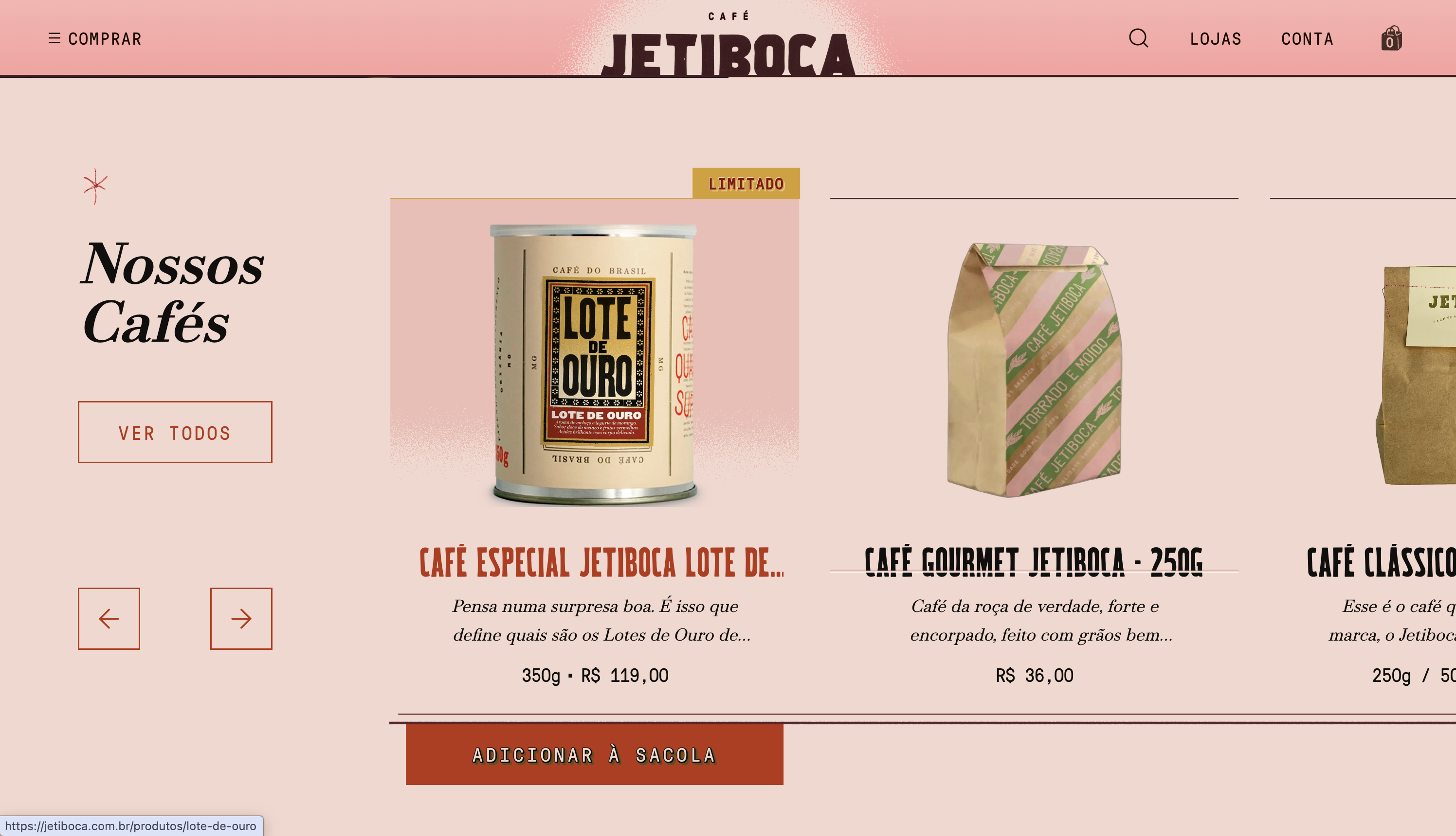 "Nossos Cafés" product carousel on the homepage