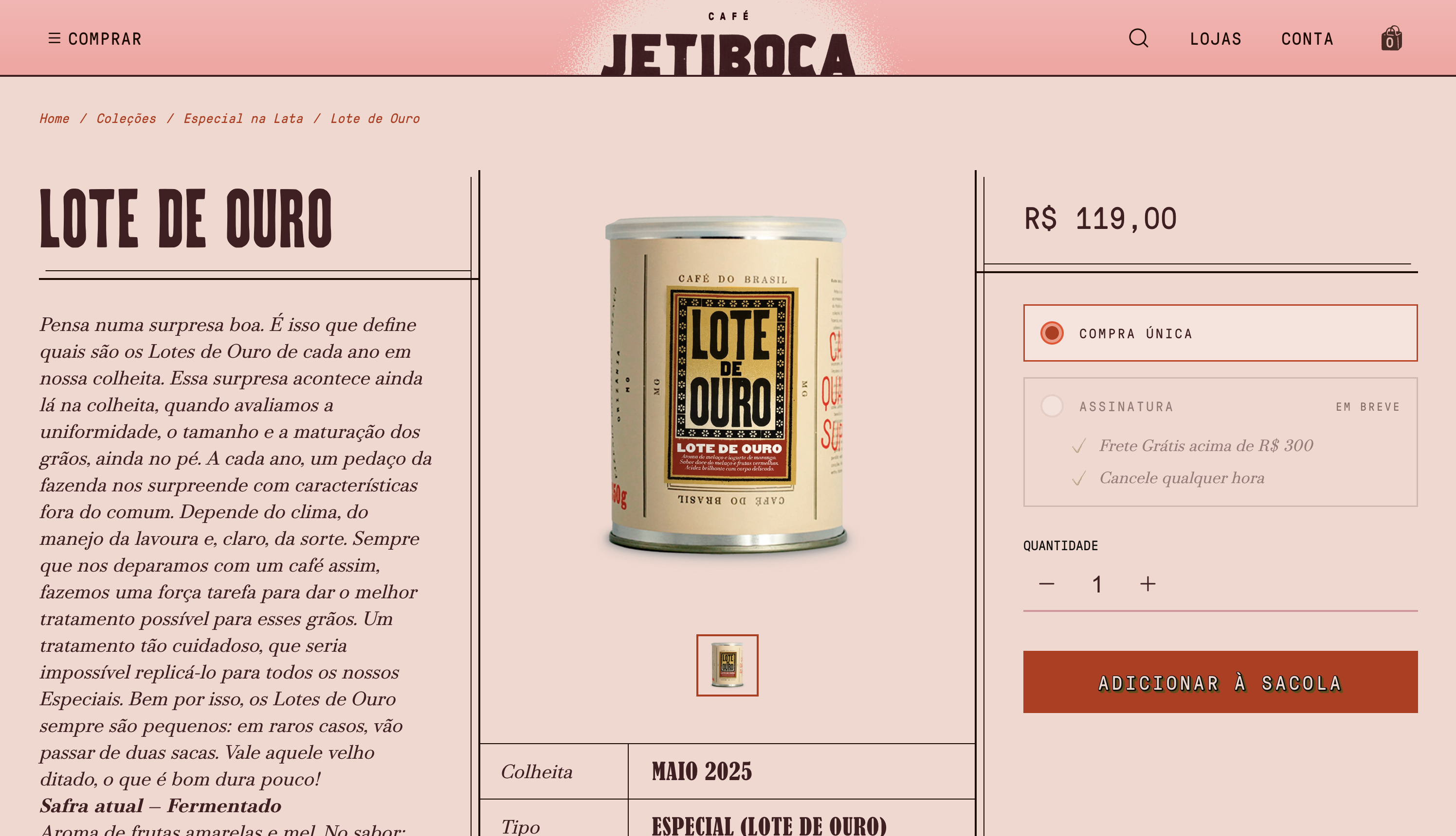 Product detail page for the Lote de Ouro coffee