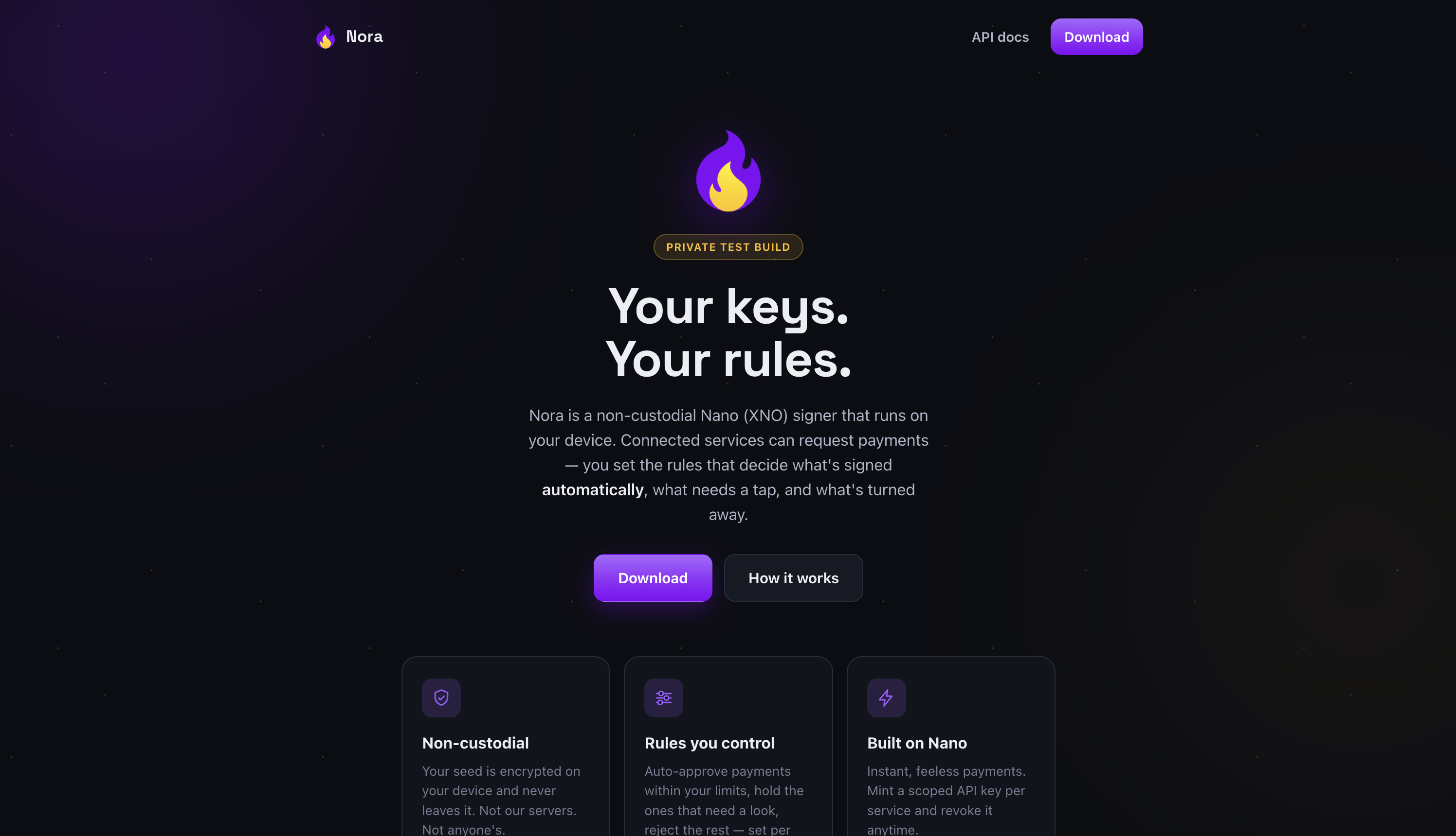 Nora marketing site hero, "Your keys. Your rules."
