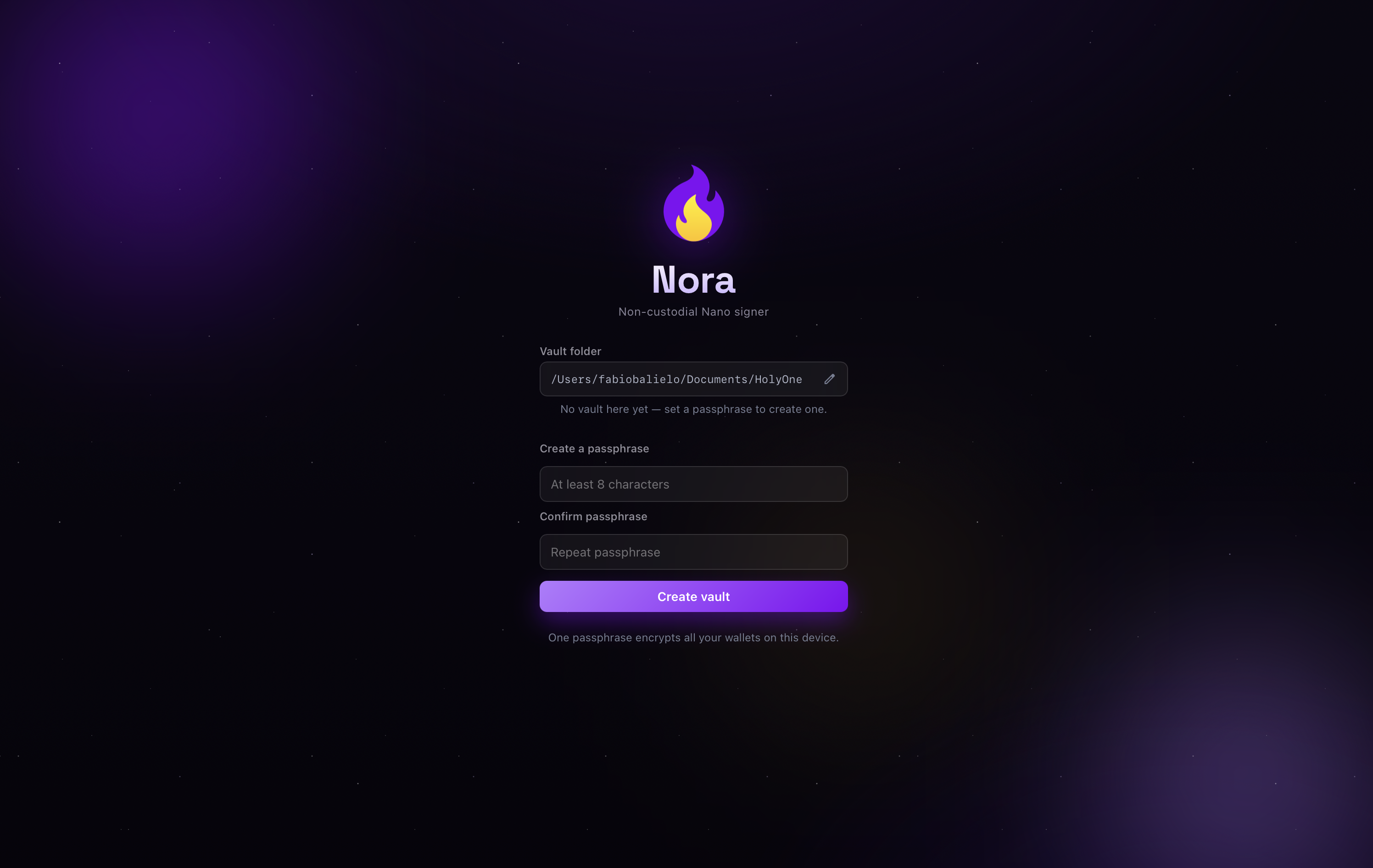 Nora native desktop app first-run hardware vault initialization