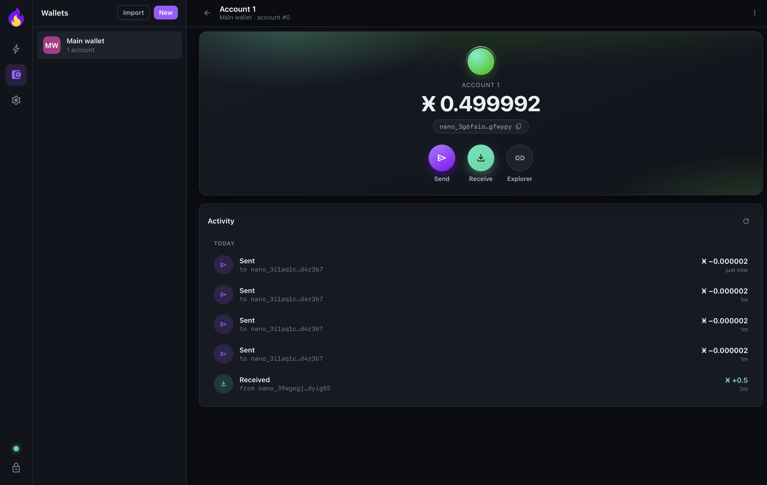 Wallet view showing account balance and activity feed