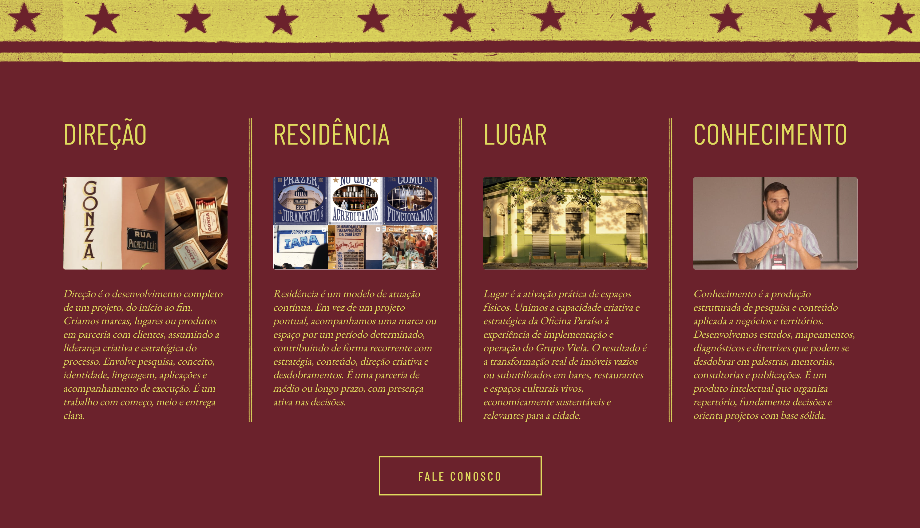 Four-pillar services overview: Direção, Residência, Lugar, Conhecimento